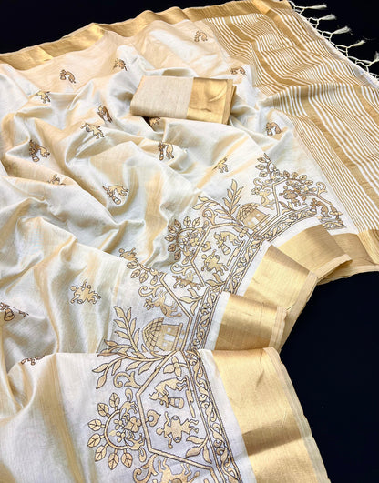 Cream Tusser Silk Saree with Pastoral Life Embroidery