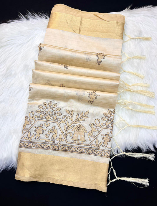 Cream Tusser Silk Saree with Pastoral Life Embroidery