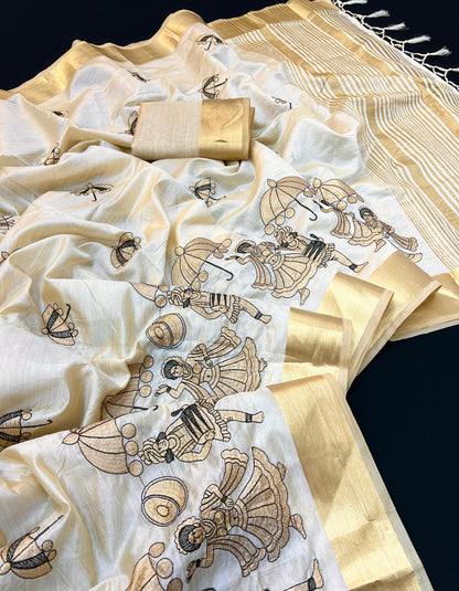 Cream Tusser Silk Saree with Royal Procession Embroidery