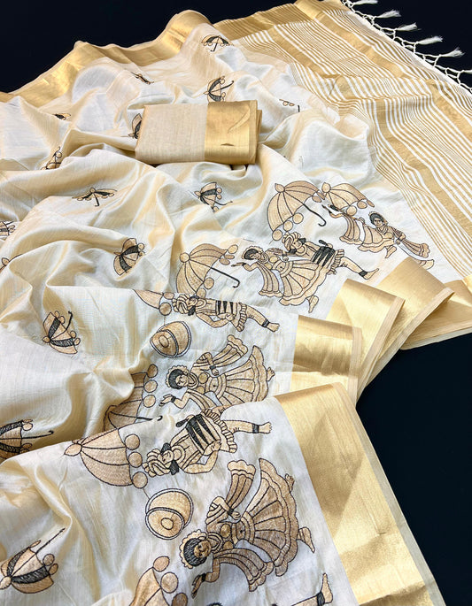 Cream Tusser Silk Saree with Royal Procession Embroidery