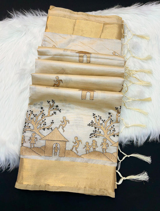 Cream Tusser Silk Saree with Village Life Embroidery
