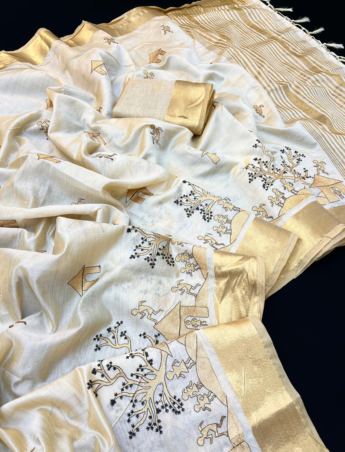 Cream Tusser Silk Saree with Village Life Embroidery