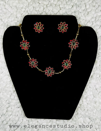 Traditional Gold Emerald Flower Necklace and Earrings Set