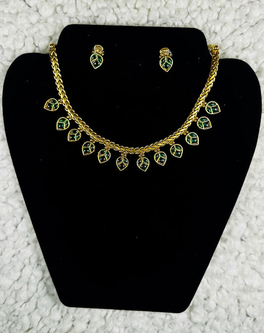 Gold Leaf Charm Necklace and Earrings Set
