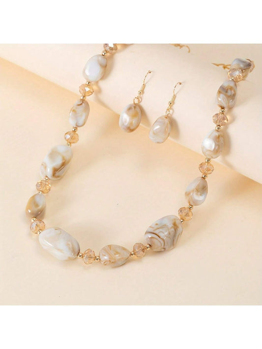 Sophisticated grey marble agate jewellery set with crystal accents featuring natural stone necklace and matching earrings - elegant neutral jewellery for UK customers