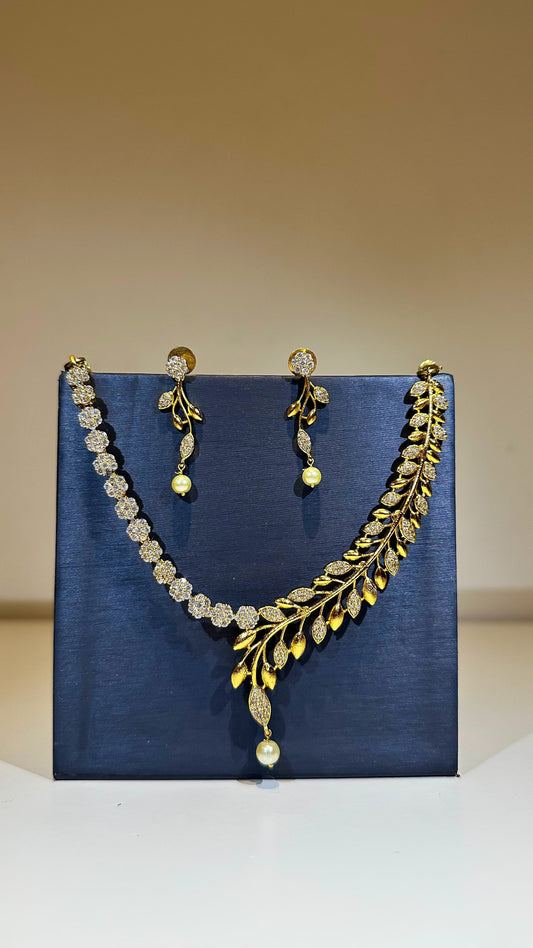 Gold Leaf Design Necklace & Earrings Set with Pearl Accents