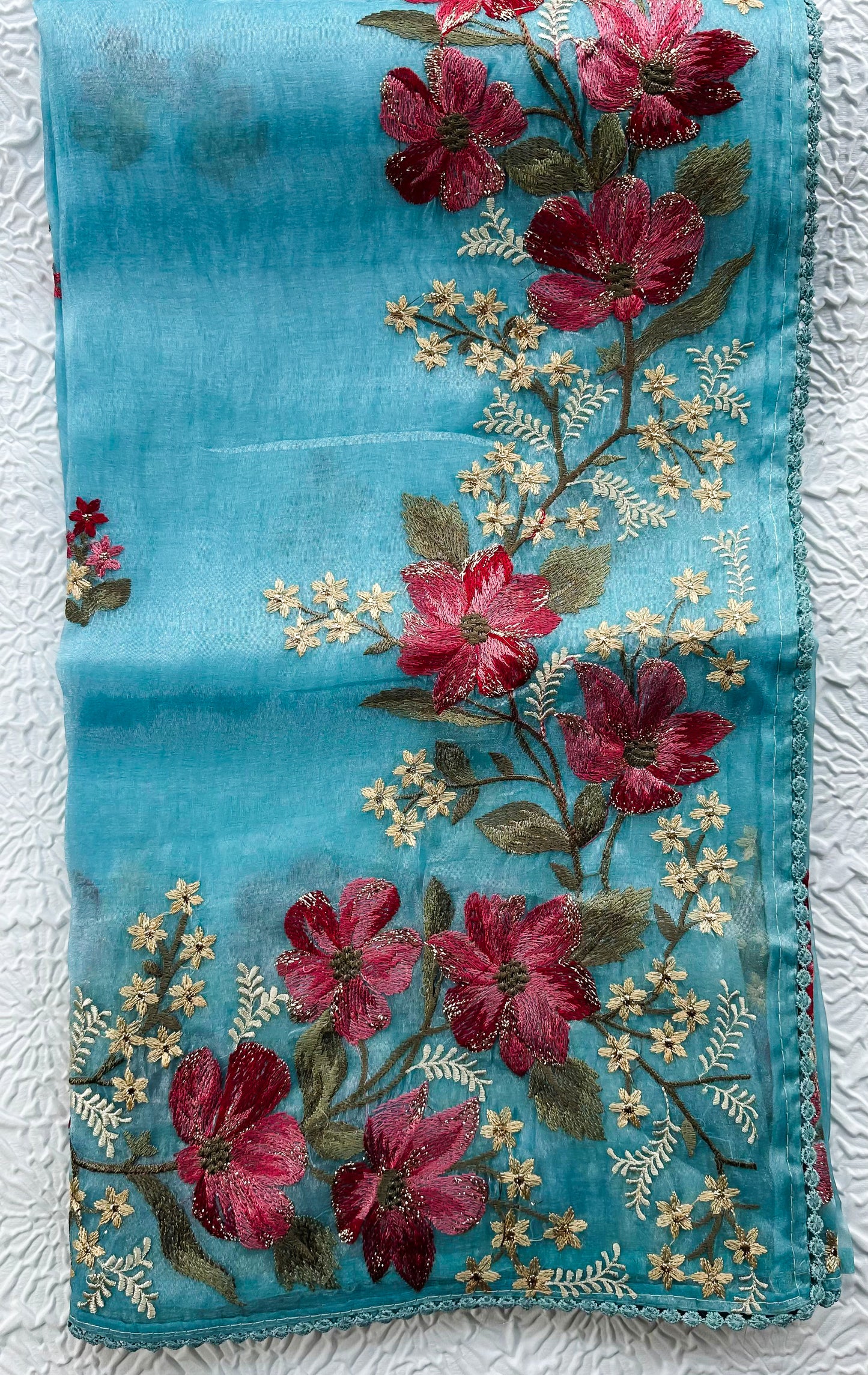 Glass Tissue Saree with Resham Shaded Floral Embroidery