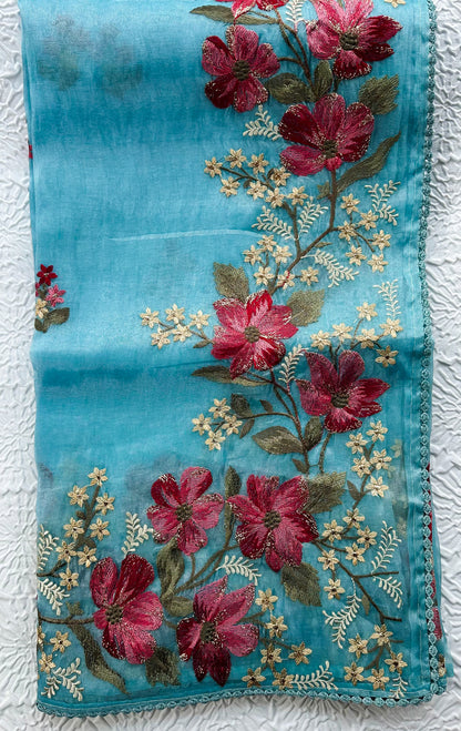 Glass Tissue Saree with Resham Shaded Floral Embroidery