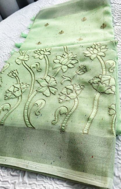 Light Green Linen Saree with Floral Appliqué Embroidery & Tassel Pallu