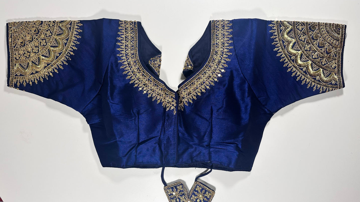 Royal Blue Saree Blouse _ Golden Embroidered