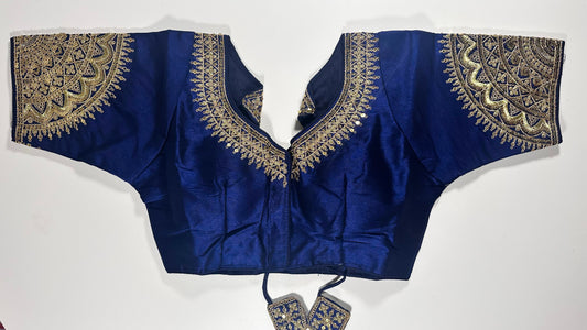 Royal Blue Saree Blouse _ Golden Embroidered