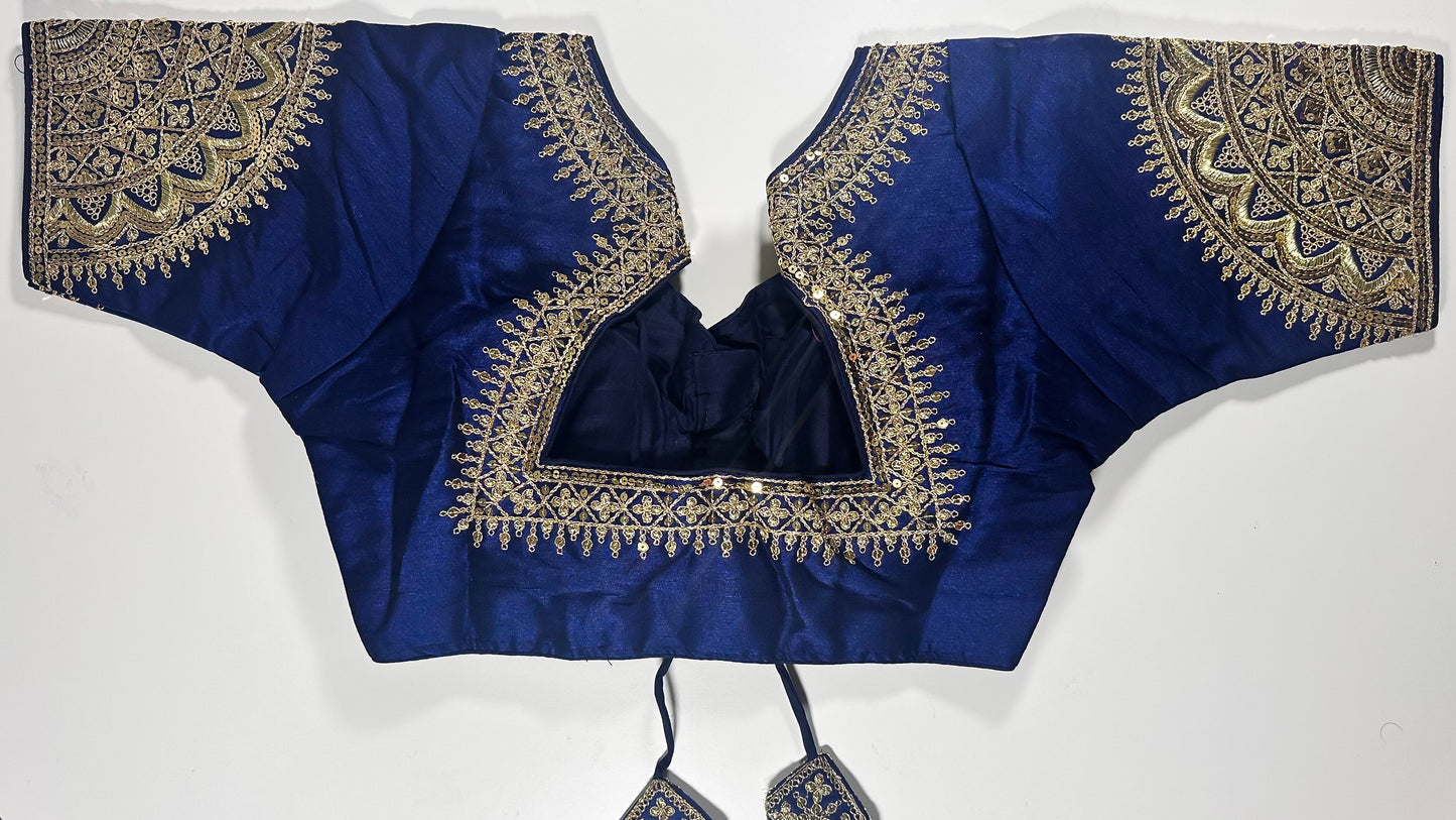 Royal Blue Saree Blouse _ Golden Embroidered