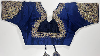 Royal Blue Saree Blouse _ Golden Embroidered