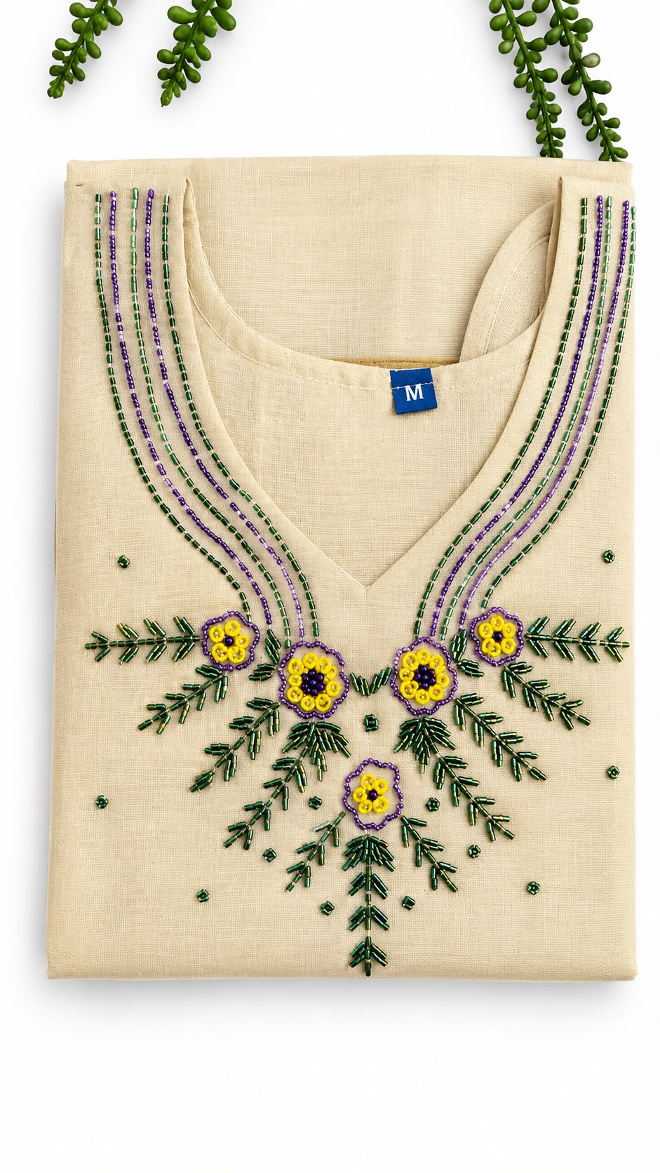 Tissue Kurta with Hand Beadwork Neckline – Onam Special | Cream Kurta with Gold Zari Sleeve Border