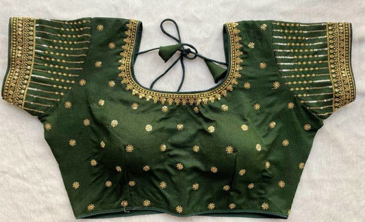Milan silk readymade blouse in rich embroidery with heavy thread, zari, and 3mm sequins, free-size adjustable fit.