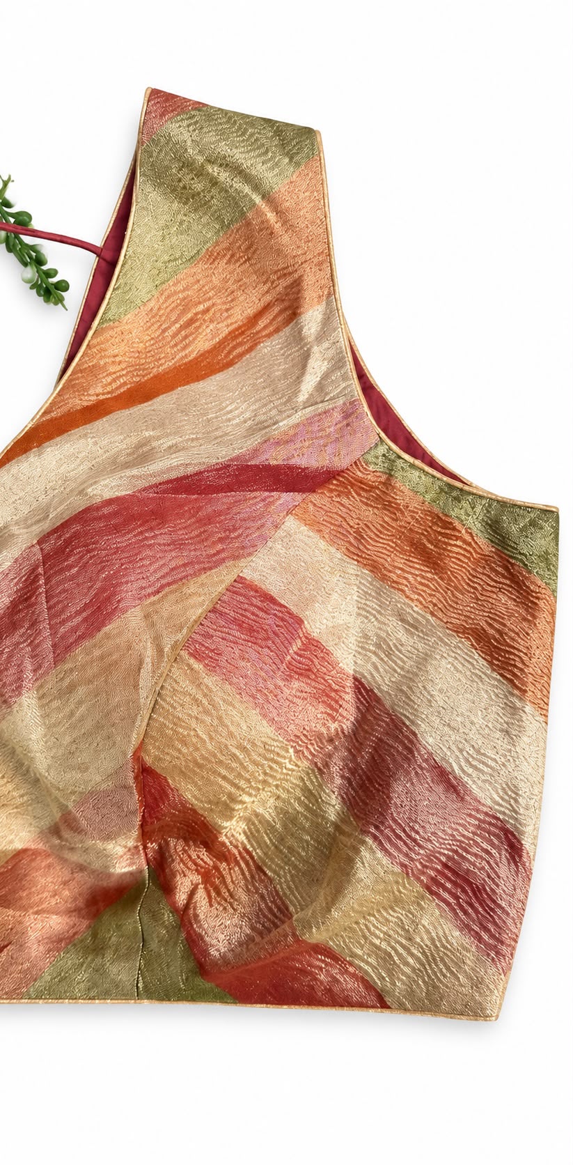 Sleeveless Chevron Stripe Blouse – Multicolour Earthy Shades | Ready to Wear Deep V-Neck Blouse with Maroon Tie-Back