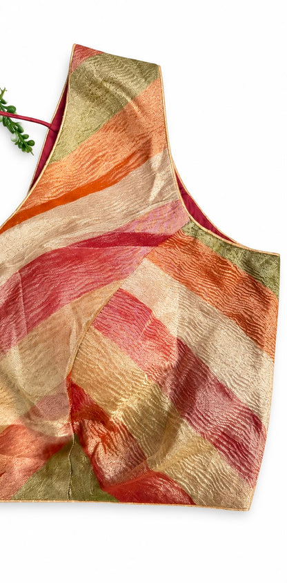 Sleeveless Chevron Stripe Blouse – Multicolour Earthy Shades | Ready to Wear Deep V-Neck Blouse with Maroon Tie-Back