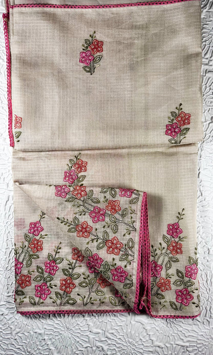 Hand-embroidered linen table runner and napkins set featuring delicate pink and coral floral motifs with green leaves and burgundy trim - traditional cross-stitch needlework for UK home decor
