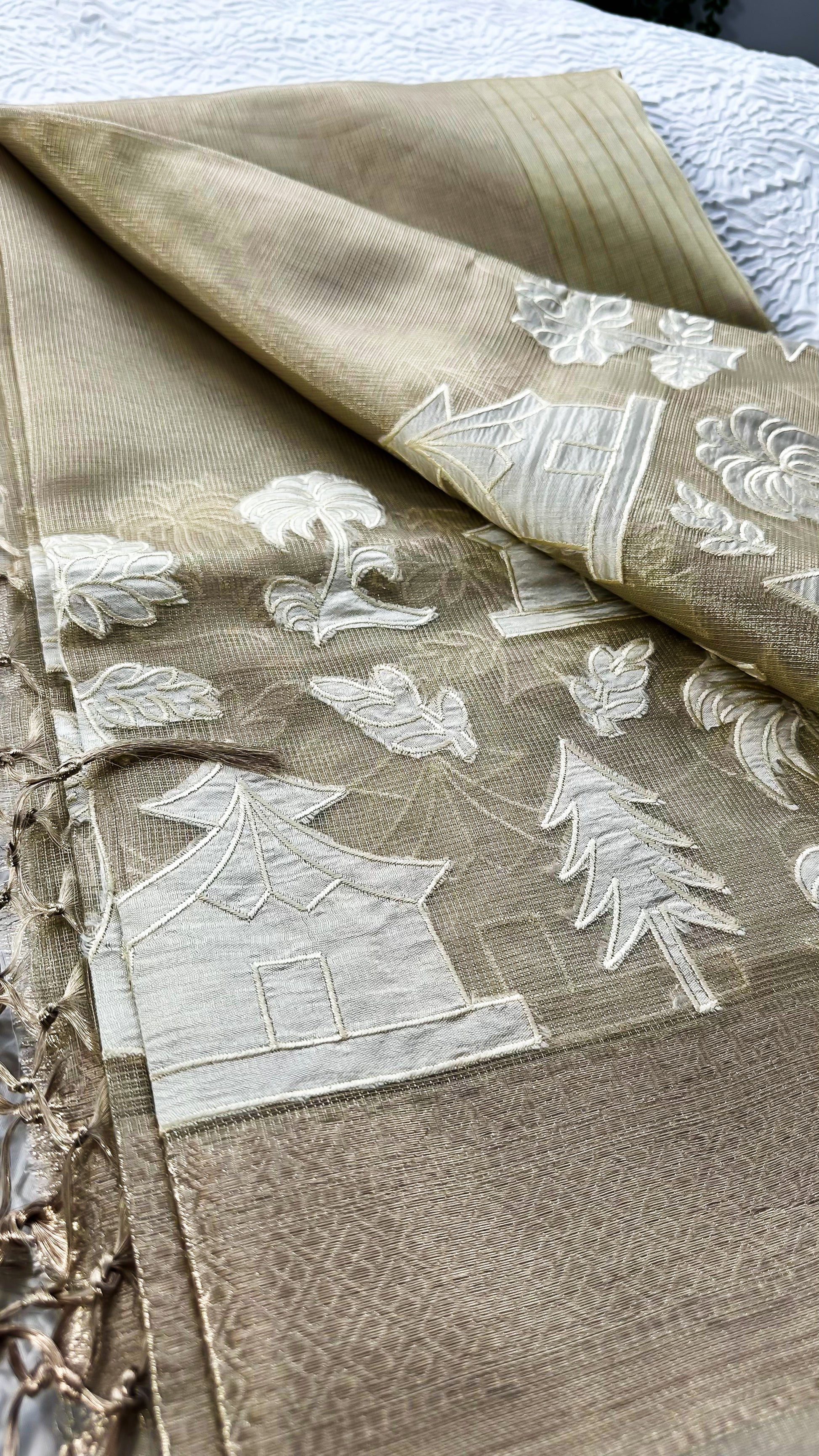 Fancy tissue saree with non-floral appliqué embroidery and tassel pallu in a soft, glossy finish.