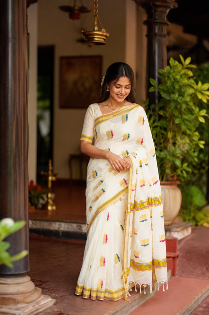 Kerala Cotton Set Saree | White Saree with Embroidered Gold & Dark Blue Lotus Motif | Woven Checkerboard Gold Zari Border