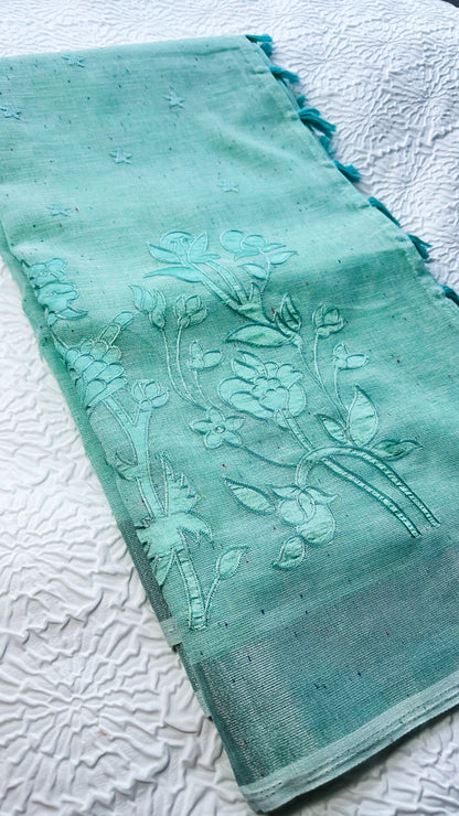 Light Blue Linen Saree with Floral Appliqué Embroidery & Tassel Pallu