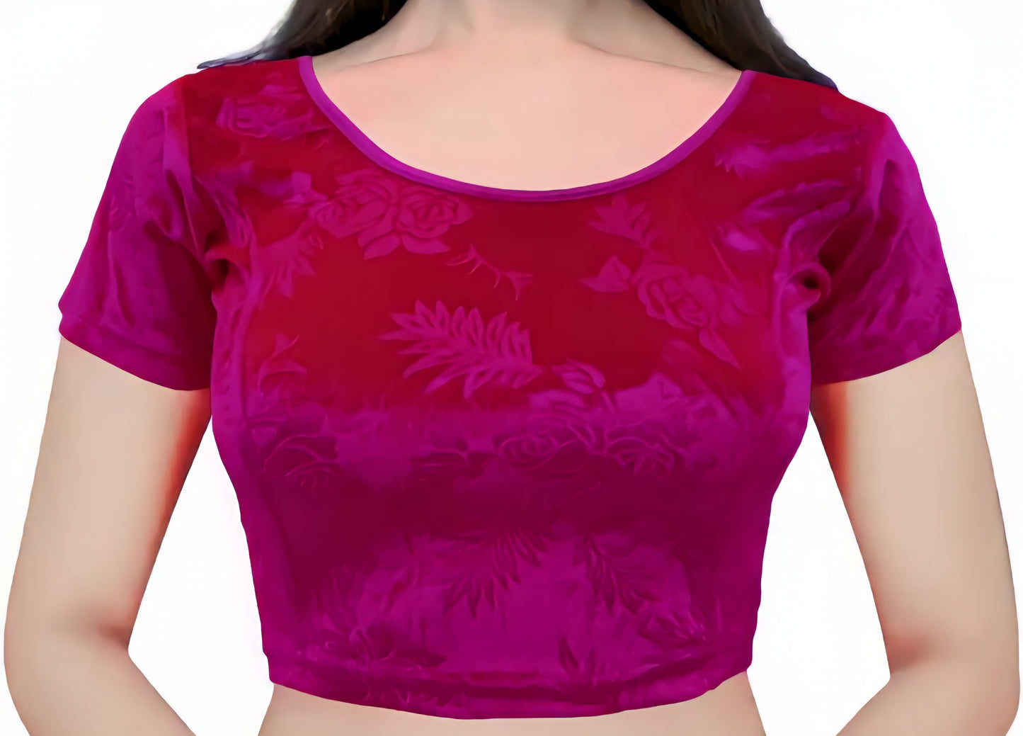 Velvet Stretchable Blouse with One Half Embossed Sleeve