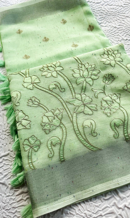 Light Green Linen Saree with Floral Appliqué Embroidery & Tassel Pallu