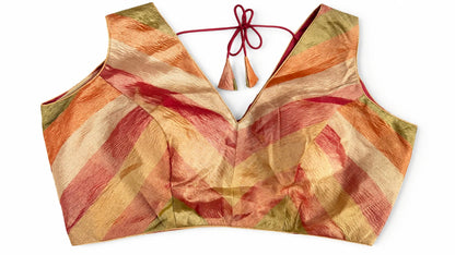 Sleeveless Chevron Stripe Blouse – Multicolour Earthy Shades | Ready to Wear Deep V-Neck Blouse with Maroon Tie-Back