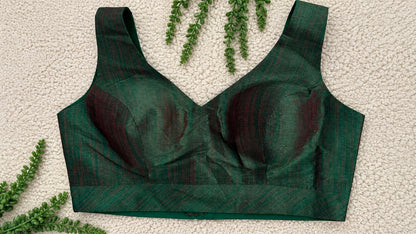 Bottle Green Shot-Silk Sleeveless Blouse with Red Undertone |Free Size| Alterable 32-42