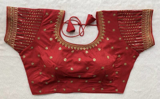 Milan silk readymade blouse in rich embroidery with heavy thread, zari, and 3mm sequins, free-size adjustable fit.