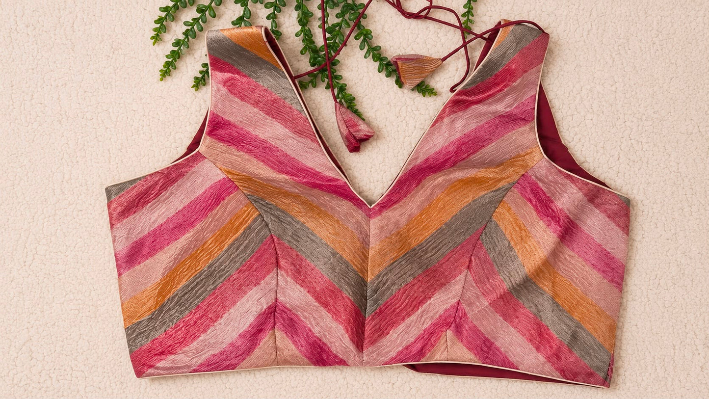 Sleeveless Chevron Stripe Blouse – Multicolour Pastel Shades | Ready to Wear V-Neck Blouse with Maroon Lining