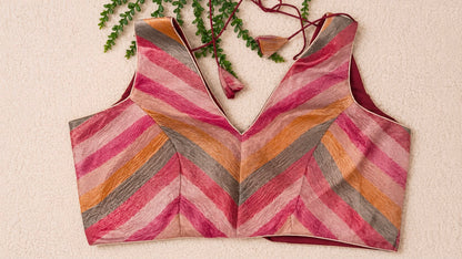 Sleeveless Chevron Stripe Blouse – Multicolour Pastel Shades | Ready to Wear V-Neck Blouse with Maroon Lining