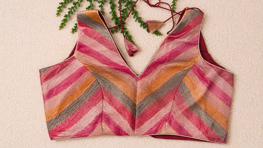 Sleeveless Chevron Stripe Blouse – Multicolour Pastel Shades | Ready to Wear V-Neck Blouse with Maroon Lining
