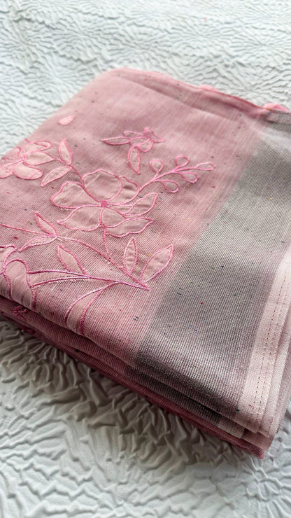 Soft Pink Linen Saree with Floral Appliqué Work & Tassel Detailing