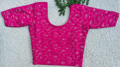 Stretchable Readymade Saree Blouse | Foil Floral Vine Print on Ribbed Fabric | Ready to Wear Round Neck Blouse (S-L)