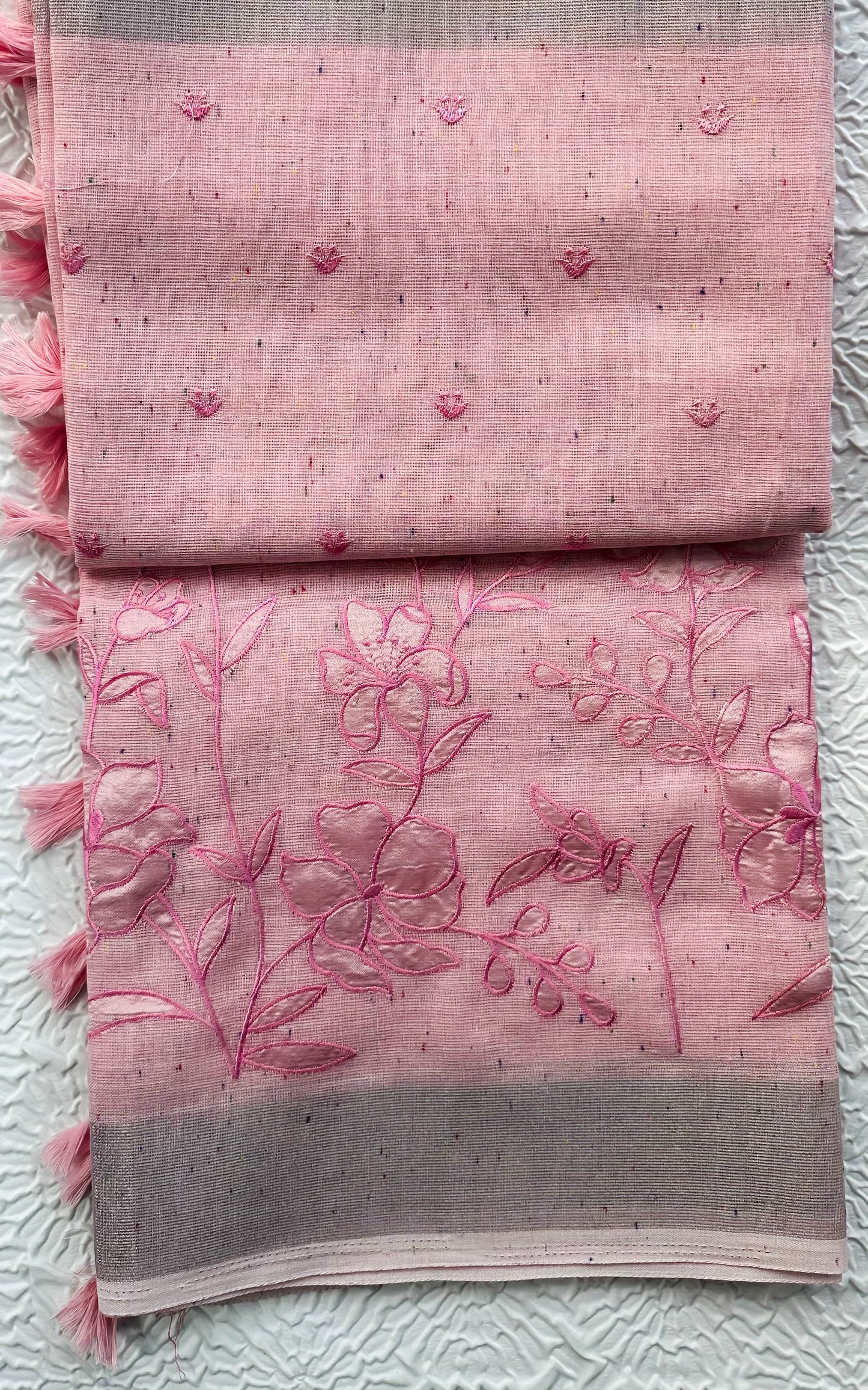 Soft Pink Linen Saree with Floral Appliqué Work & Tassel Detailing