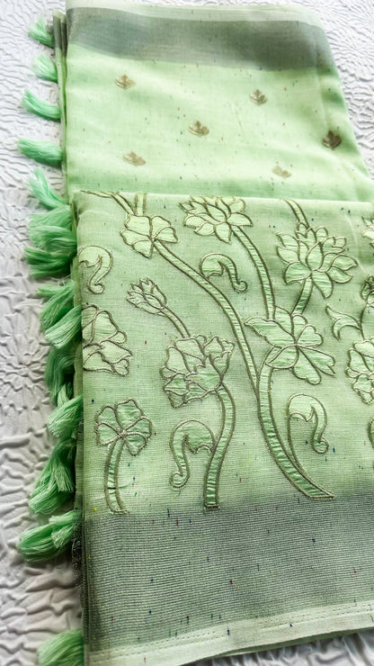 Light Green Linen Saree with Floral Appliqué Embroidery & Tassel Pallu