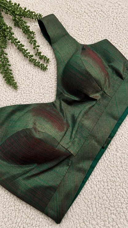 Bottle Green Shot-Silk Sleeveless Blouse with Red Undertone |Free Size| Alterable 32-42