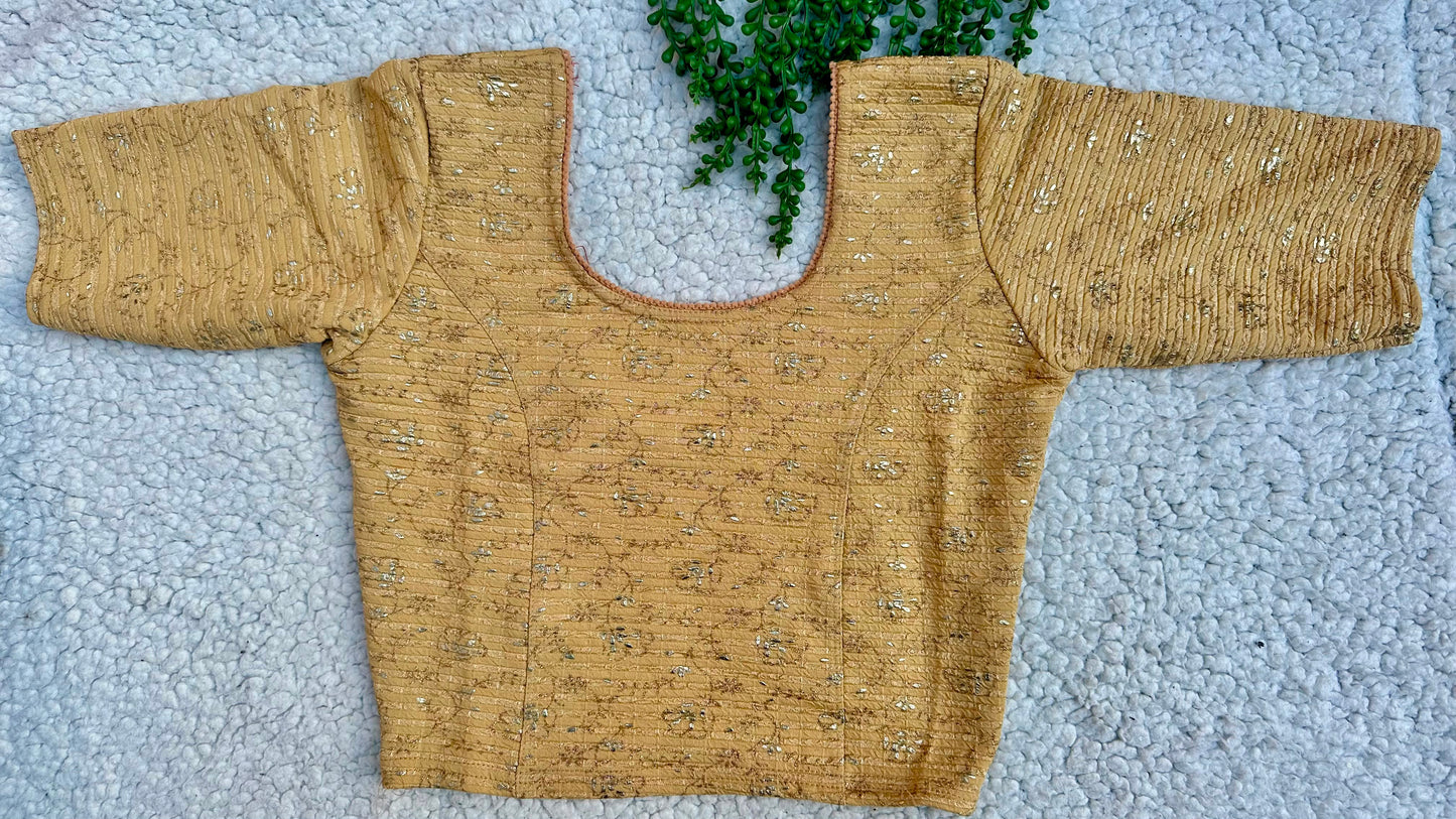Stretchable Readymade Saree Blouse | Foil Floral Vine Print on Ribbed Fabric | Ready to Wear Round Neck Blouse (S-L)