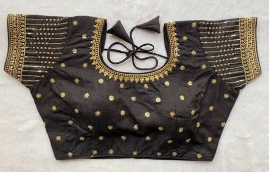 Milan silk readymade blouse in rich embroidery with heavy thread, zari, and 3mm sequins, free-size adjustable fit.