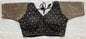 Designer Milan silk readymade blouse with embroidery, back dori tie-up, and padded comfort, displayed flat on fabric backdrop.
