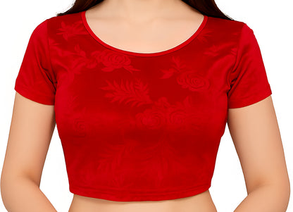 Velvet Stretchable Blouse with One Half Embossed Sleeve