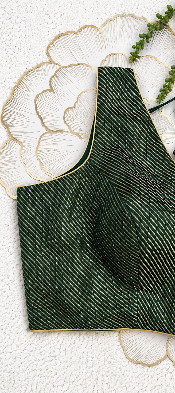 Bottle Green Brocade Sleeveless Blouse with Diagonal Gold Stripes | Free Size