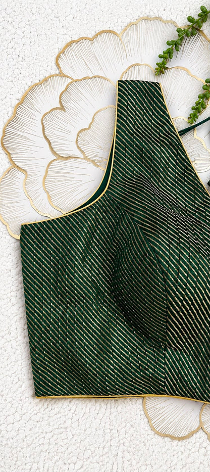 Bottle Green Brocade Sleeveless Blouse with Diagonal Gold Stripes | Free Size