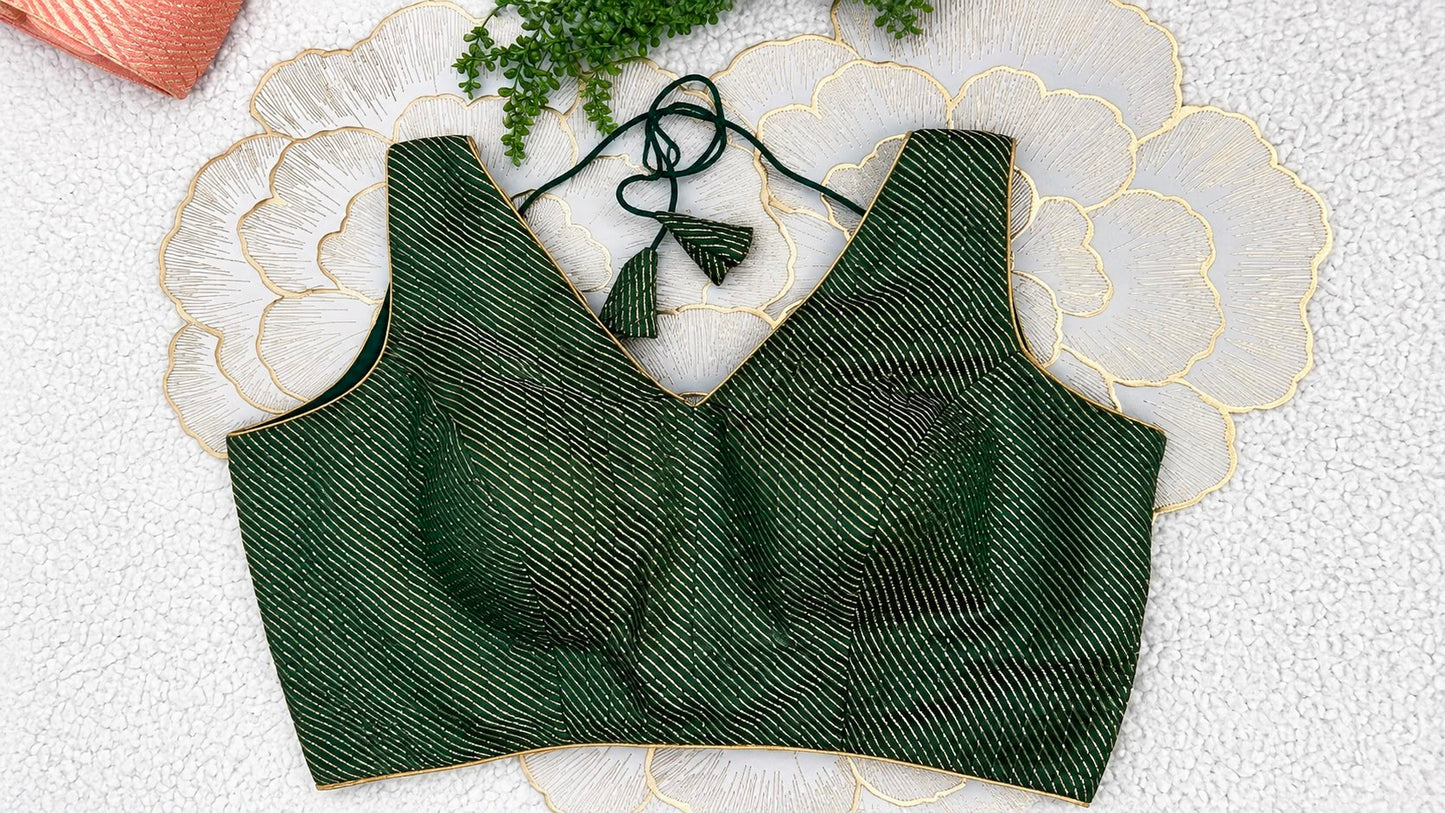 Bottle Green Brocade Sleeveless Blouse with Diagonal Gold Stripes | Free Size