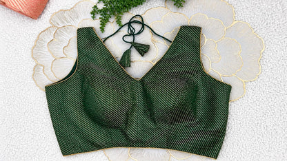 Bottle Green Brocade Sleeveless Blouse with Diagonal Gold Stripes | Free Size