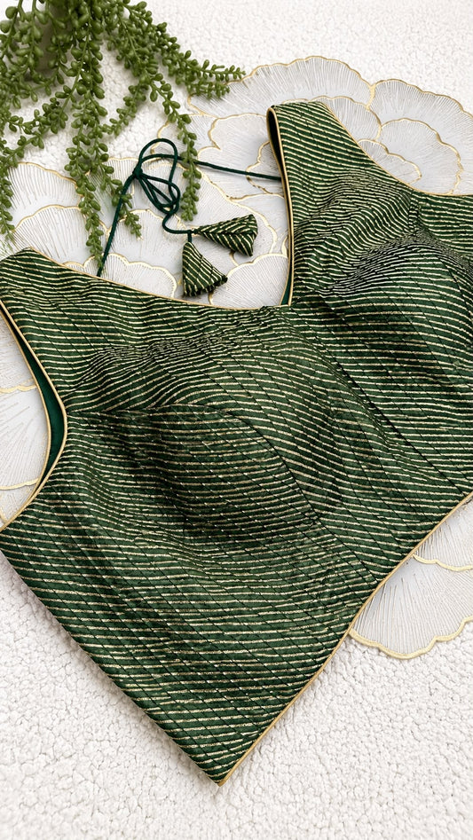 Bottle Green Brocade Sleeveless Blouse with Diagonal Gold Stripes | Free Size