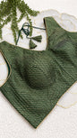 Bottle Green Brocade Sleeveless Blouse with Diagonal Gold Stripes | Free Size