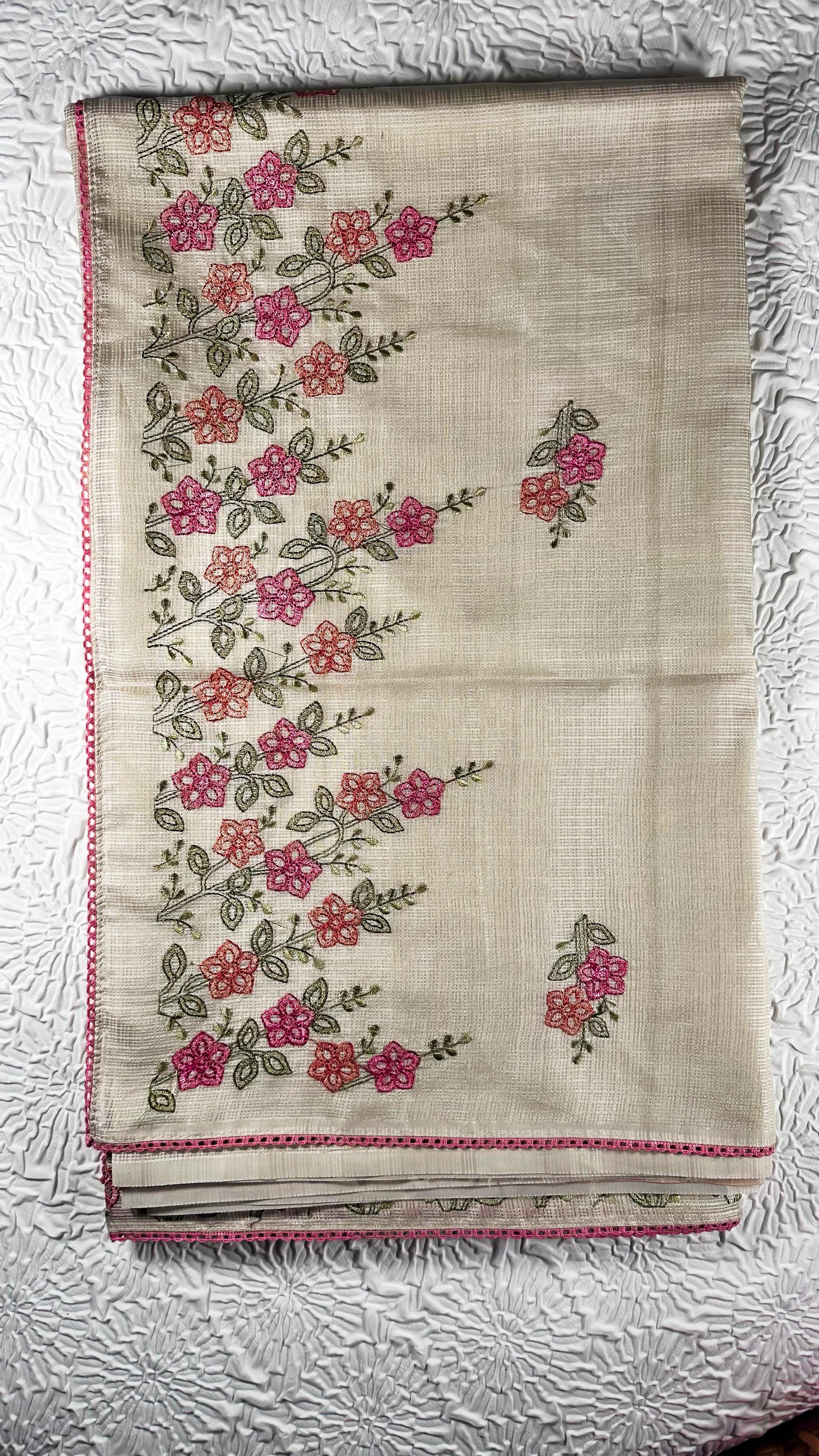 Hand-embroidered linen table runner and napkins set featuring delicate pink and coral floral motifs with green leaves and burgundy trim - traditional cross-stitch needlework for UK home decor