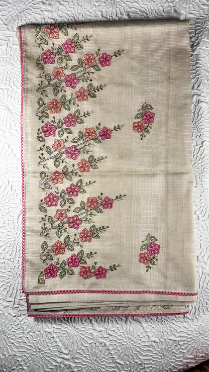 Hand-embroidered linen table runner and napkins set featuring delicate pink and coral floral motifs with green leaves and burgundy trim - traditional cross-stitch needlework for UK home decor